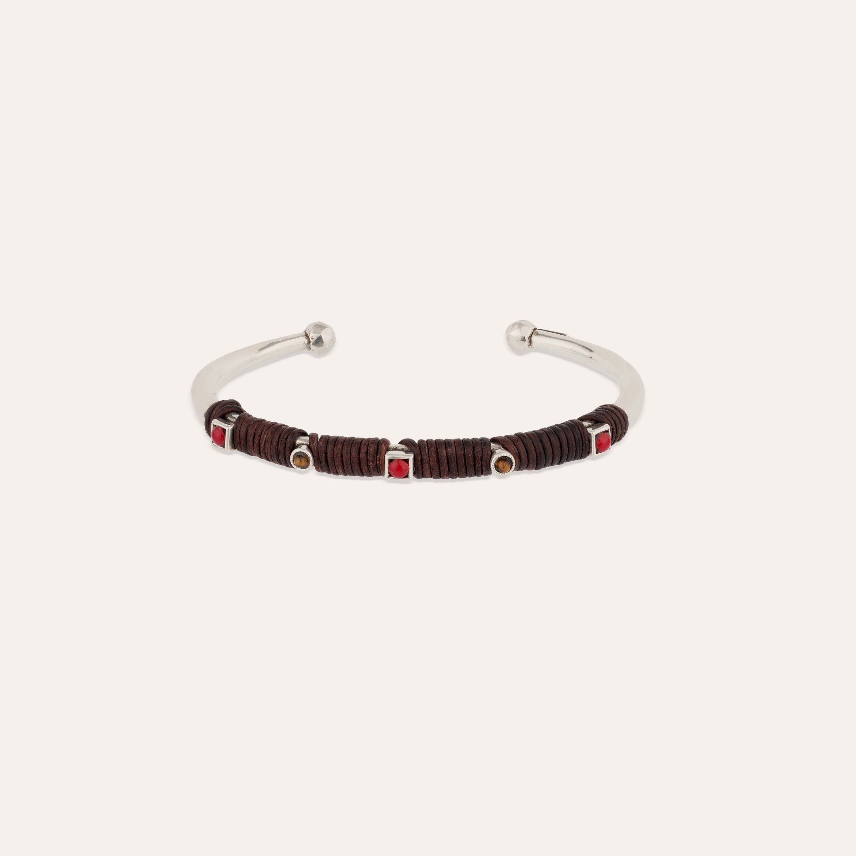 gas-bijoux-bracelet-lino-cuir-argent-oeil-de-tigre-jonc-enroul-de-cuir-fait-main image 1