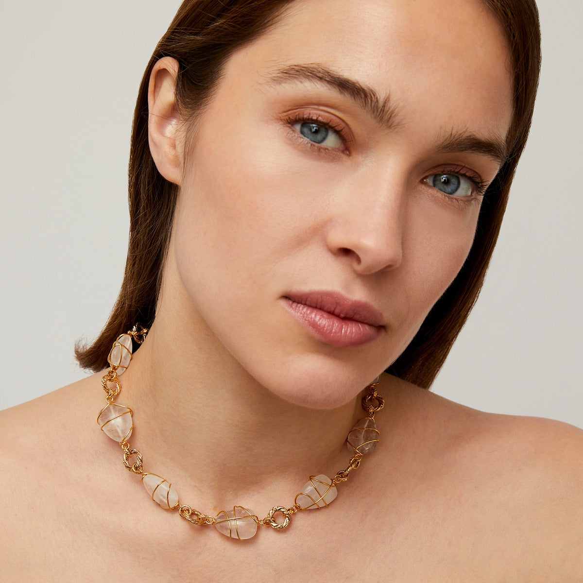 gas-bijoux-collier-rainbow-multi-cristal-de-roche-cha-ne-dor-e-l-or-fin-pierres- image 2