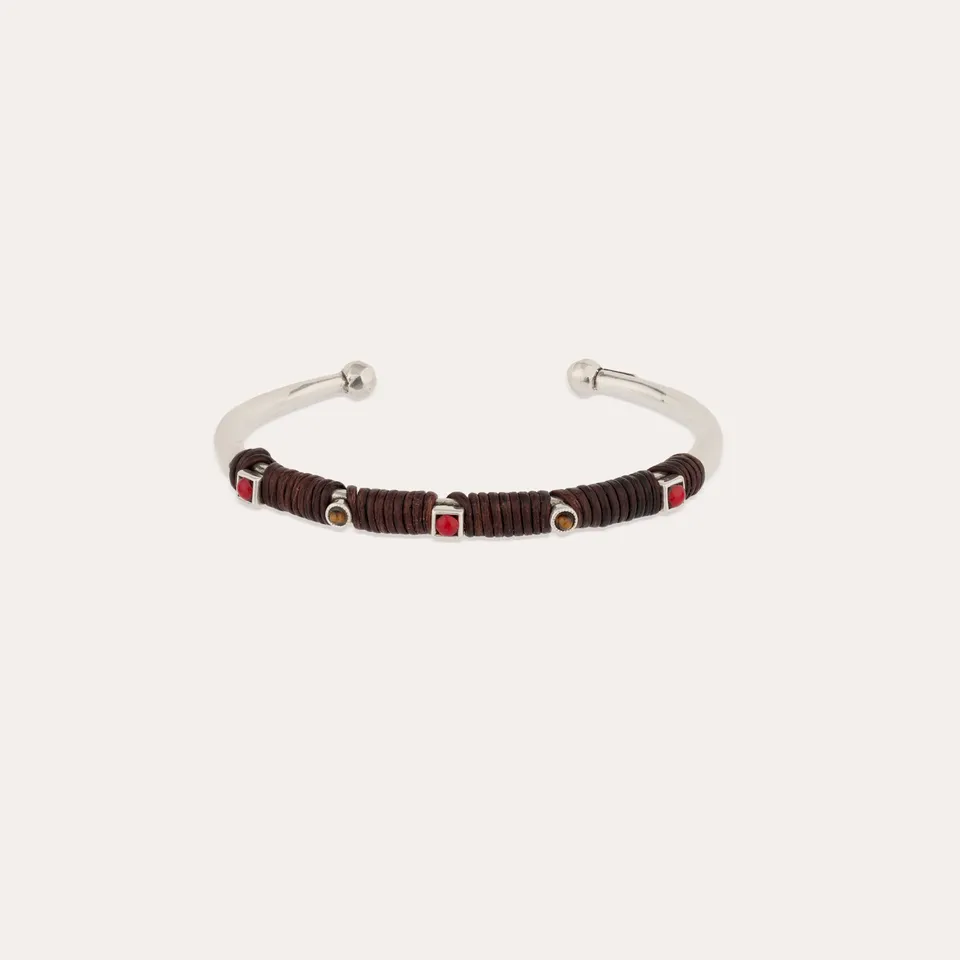 gas-bijoux-bracelet-lino-cuir-argent-oeil-de-tigre-jonc-enroul-de-cuir-fait-main image 1